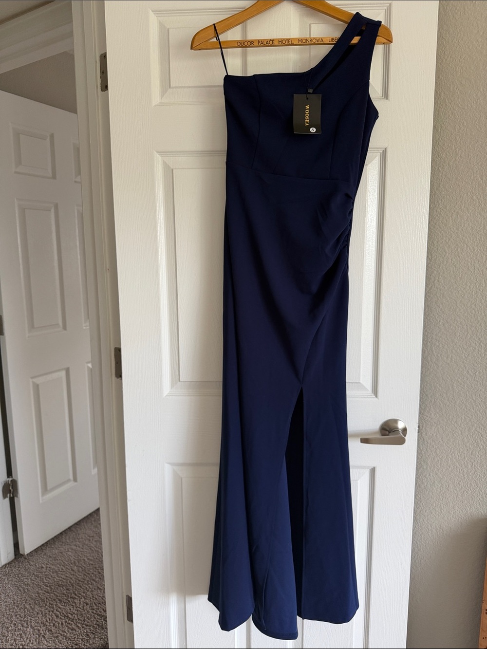 NWT One-Shoulder Navy Evening Gown by Woosea